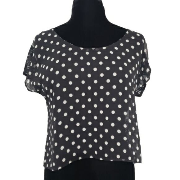 Black Lace and Polka Dot Semi Sheer Dolman Sleeve Crop Top by Soprano Small - Picture 1 of 9